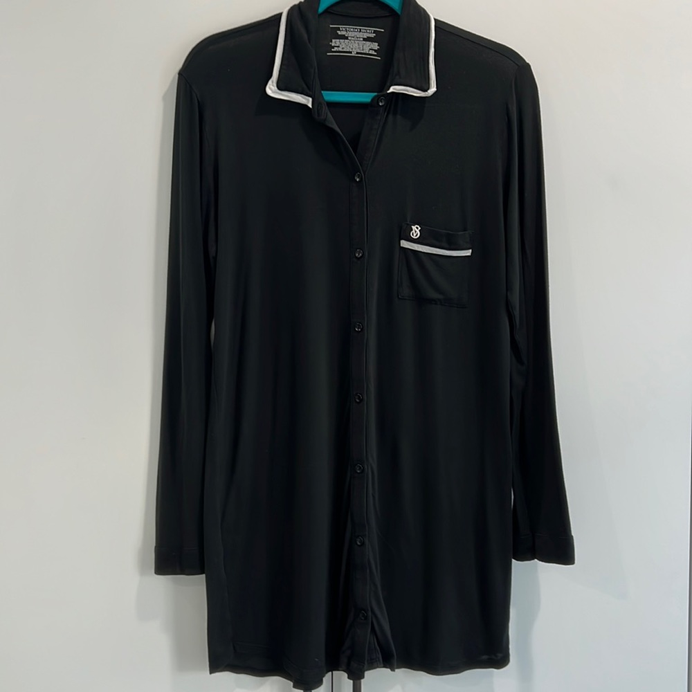 Victoria's Secret Size Small Modal Button Up Sleep Shirt Black Comfy LS
